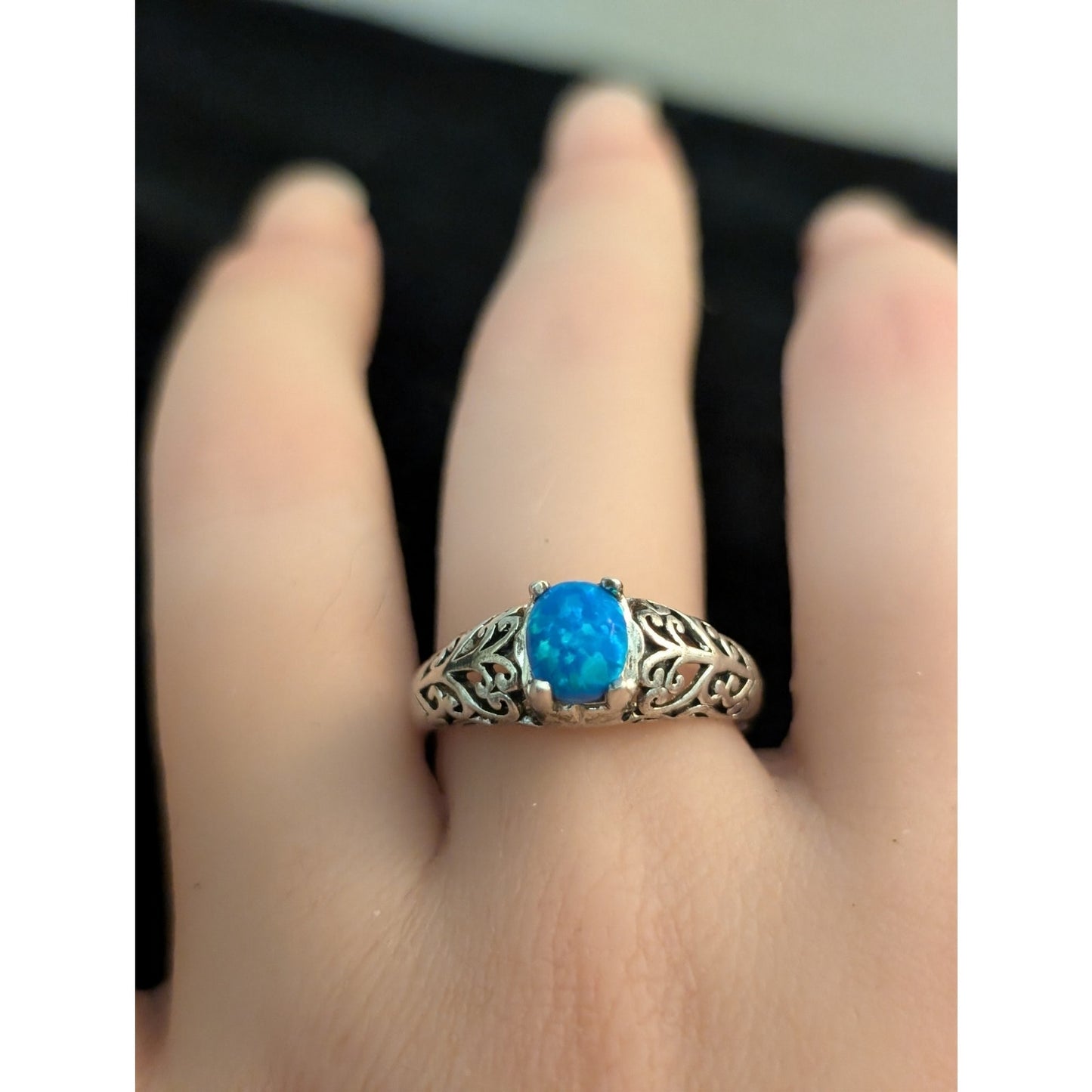 Brilliant Blue Opal Filigree 925 Sterling Silver MF Ring Size 8.5