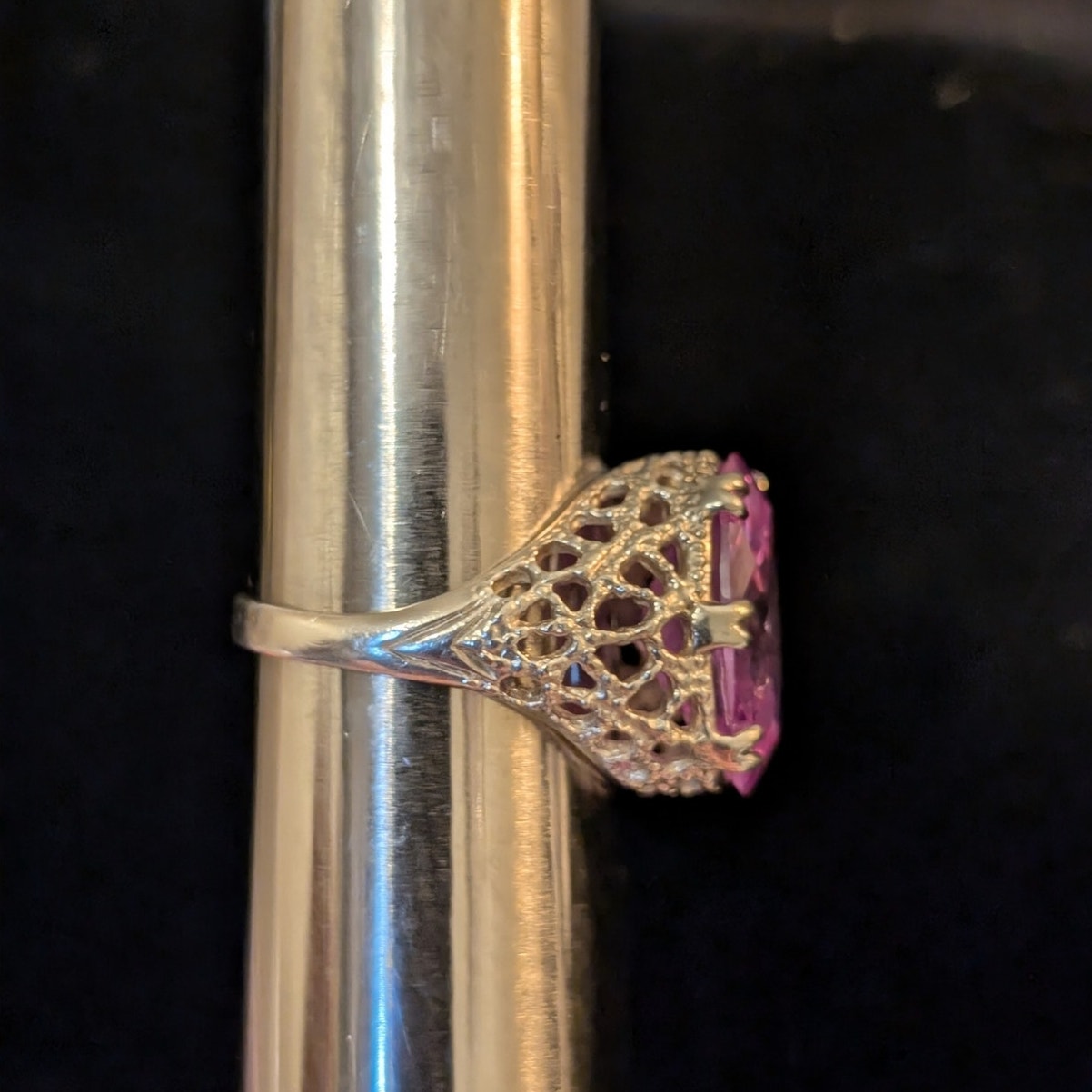 Large Brilliant Rose de France Crystal CZ 925 Sterling Filigree Ring Size 7.75