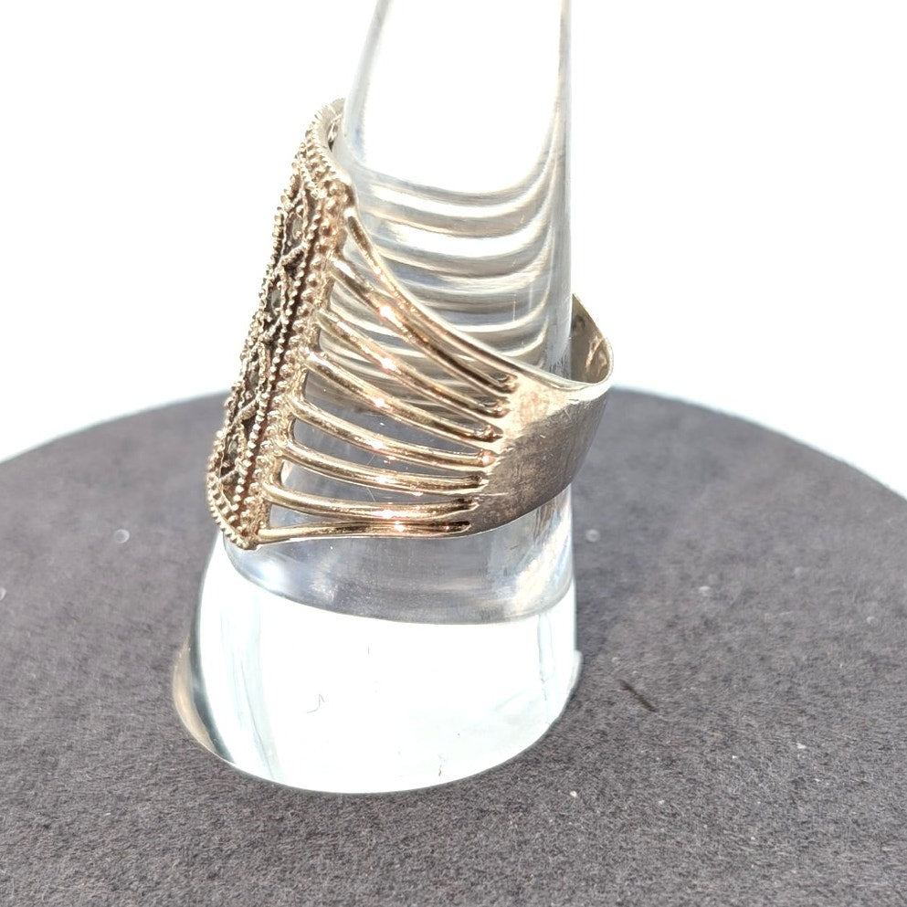 VTG Sterling Wide Long Rectangle Multi Split Shank Marcasite Band Ring Sz 8.75