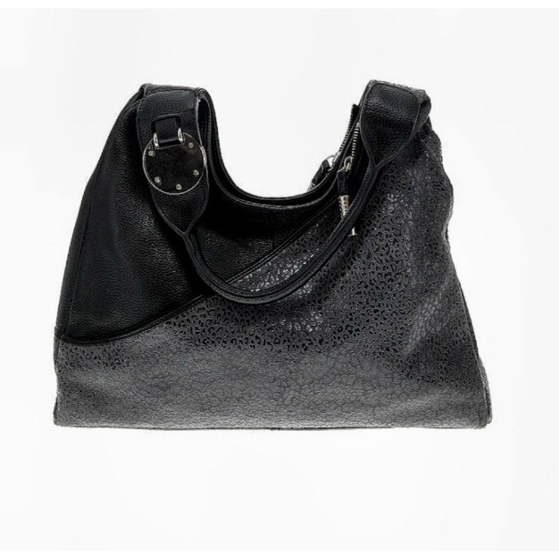 BODHI Black Leather Silver Subtle Metallic Leopard Hobo Bag