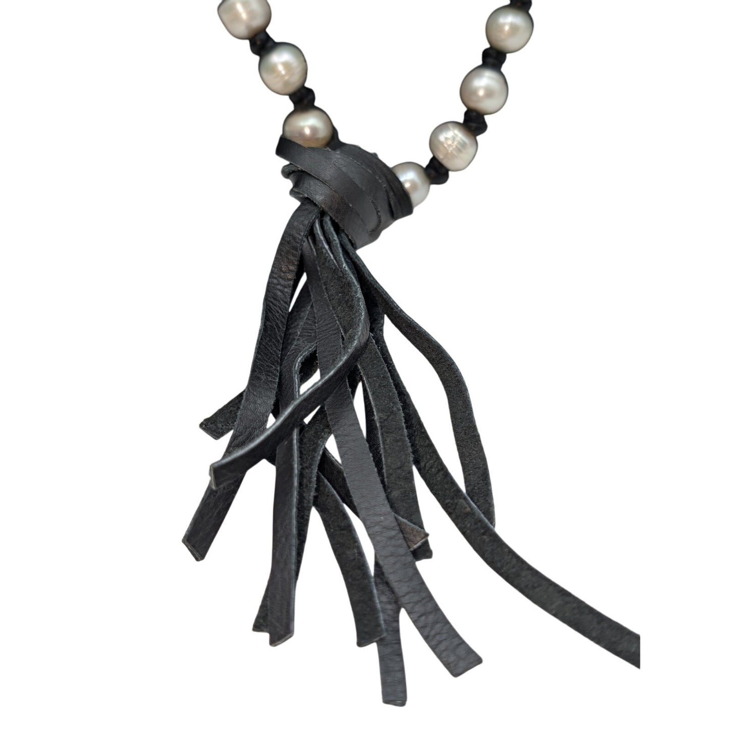 Boho Freshwater Pearl Leather Knotted Black Leather Tassel 36" Necklace