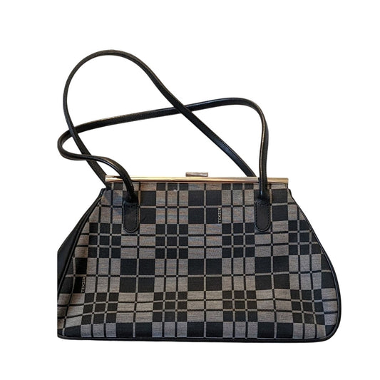 Texier Black Gray Plaid Logo Kiss Lock Double Handle Vintage Handbag