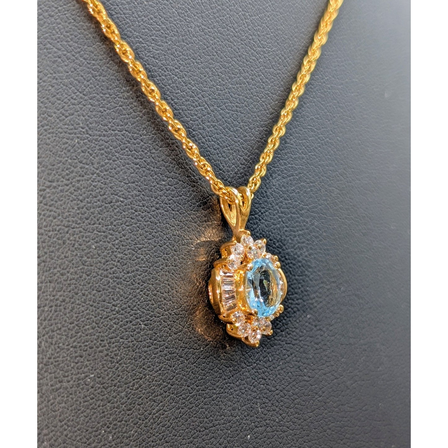 Gold Tone Light Blue Glass & Round & Baguette CZ Pendant 18" Chain Necklace