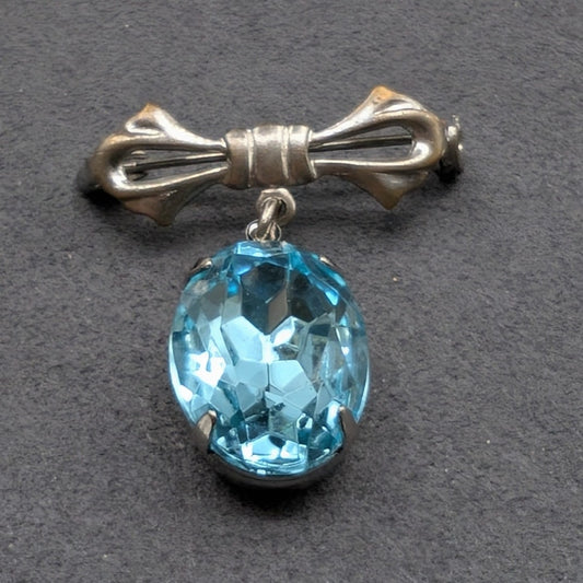 Vintage Blue Rhinestone Dangle Ribbon Silver Tone Brooch