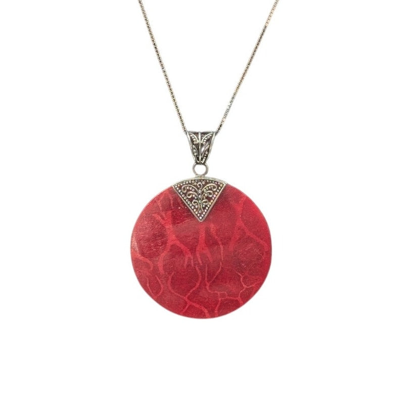 Vtg 925 Sterling Silver Bali Design Red Sponge Coral Pendant Box Chain Necklace