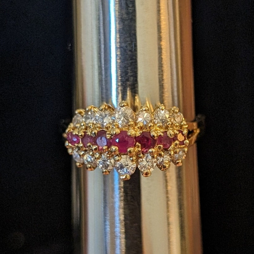 925 Sterling Vermeil Three Row Lab Created Ruby & CZ Ring Size 9.75
