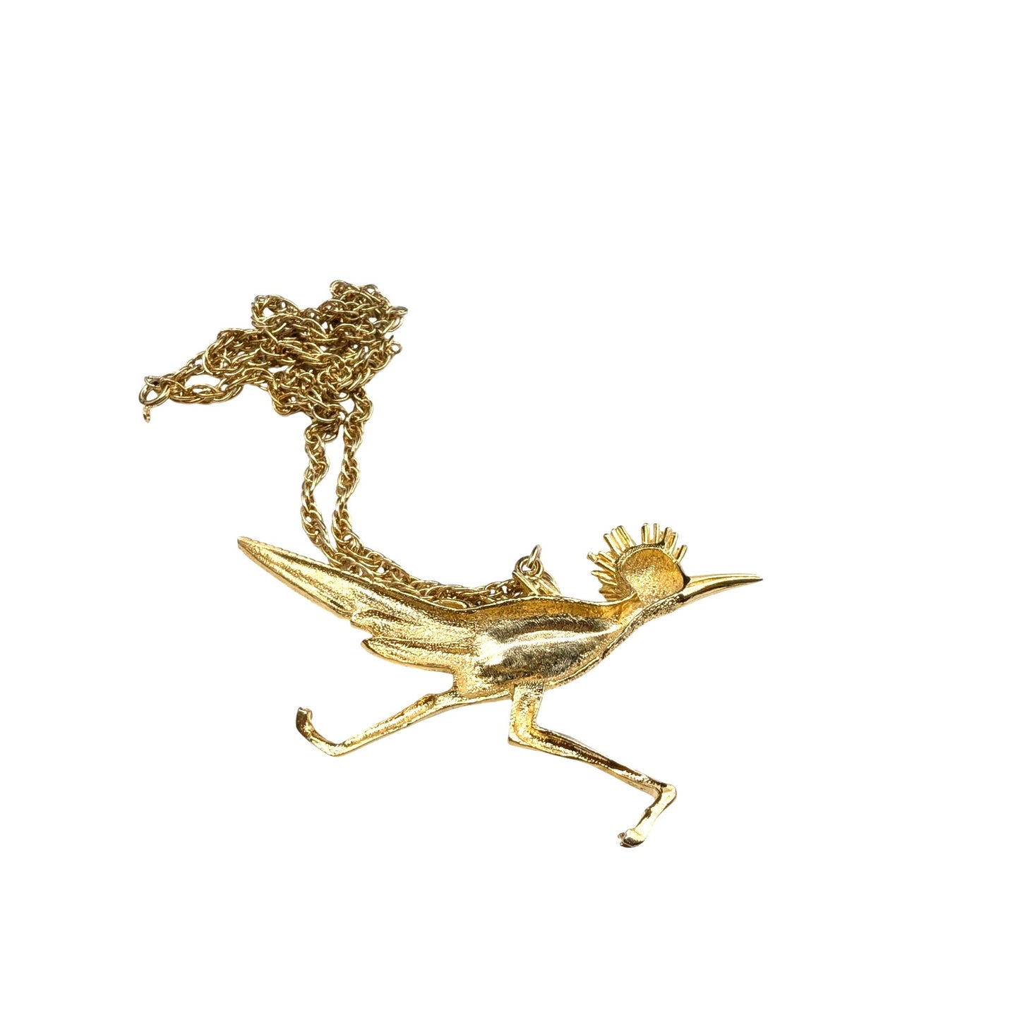 Roadrunner Circa 1970 Chunky Gold Plated On the Run Roadrunner Pendant Necklace