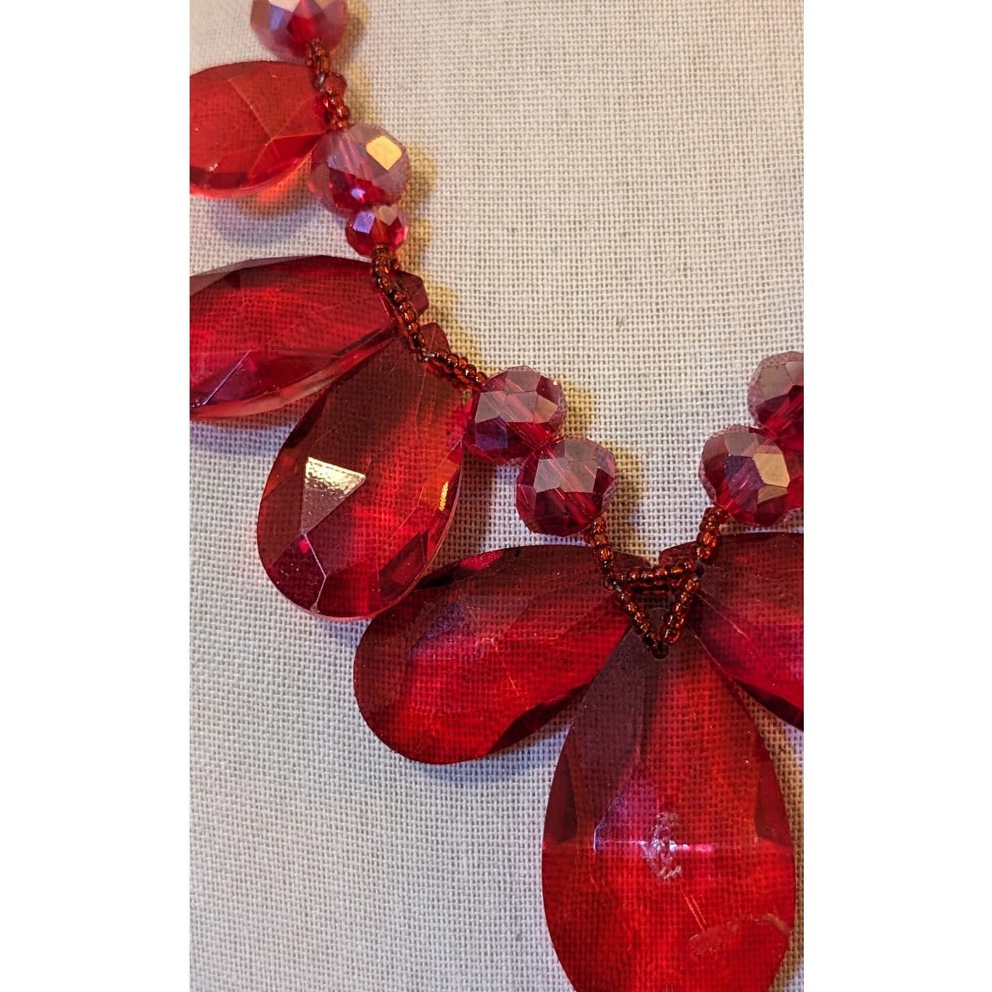 Large Chunky Red Glass Crystal Necklace and Earring Set