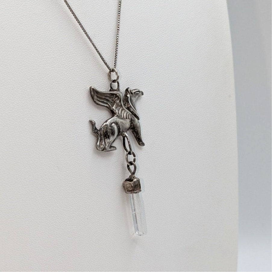 Vtg Scythian Griffin Crystal Dangle Pendant on 925 Sterling Box Chain Necklace