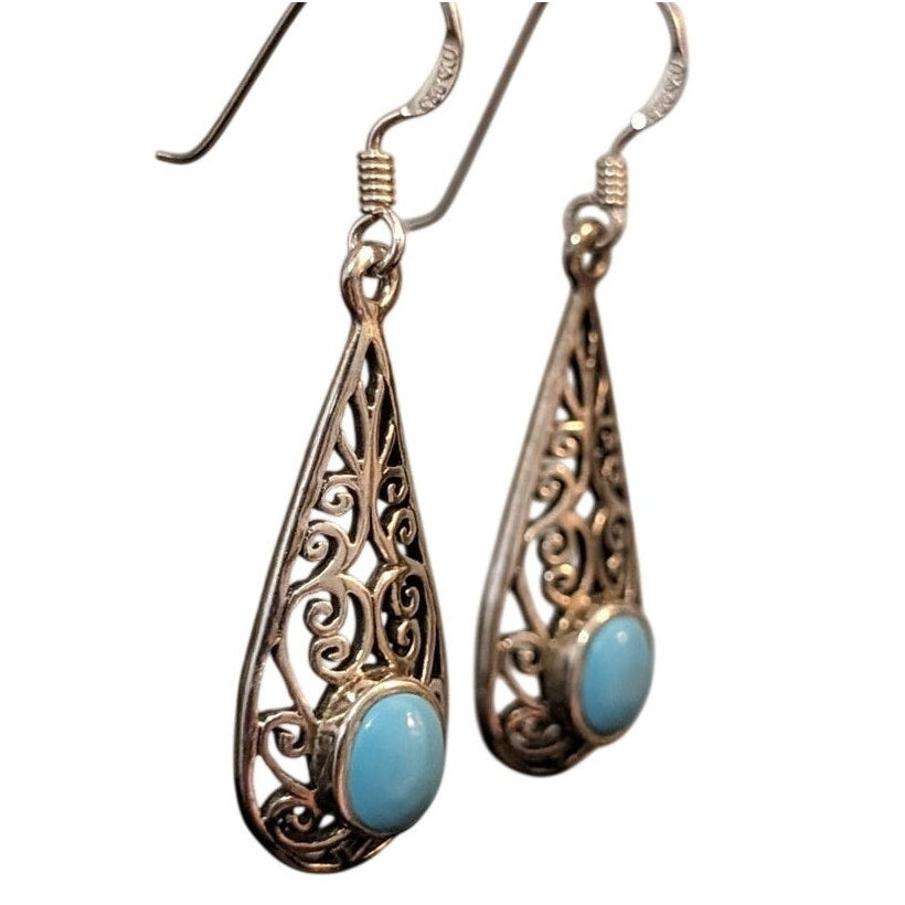 925 Sterling Silver Turquoise Filigree Teardrop Dangle Earrings