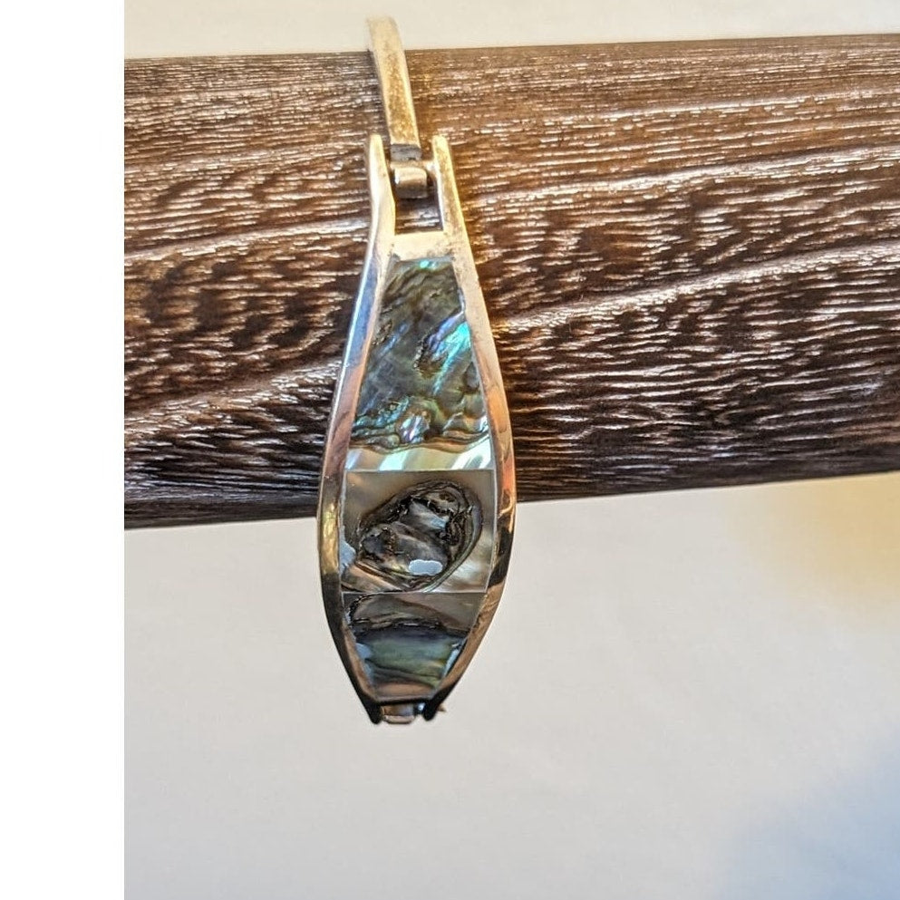 Vintage Alpaca Mexico Silver Inlay Abalone Hinged Bangle Bracelet