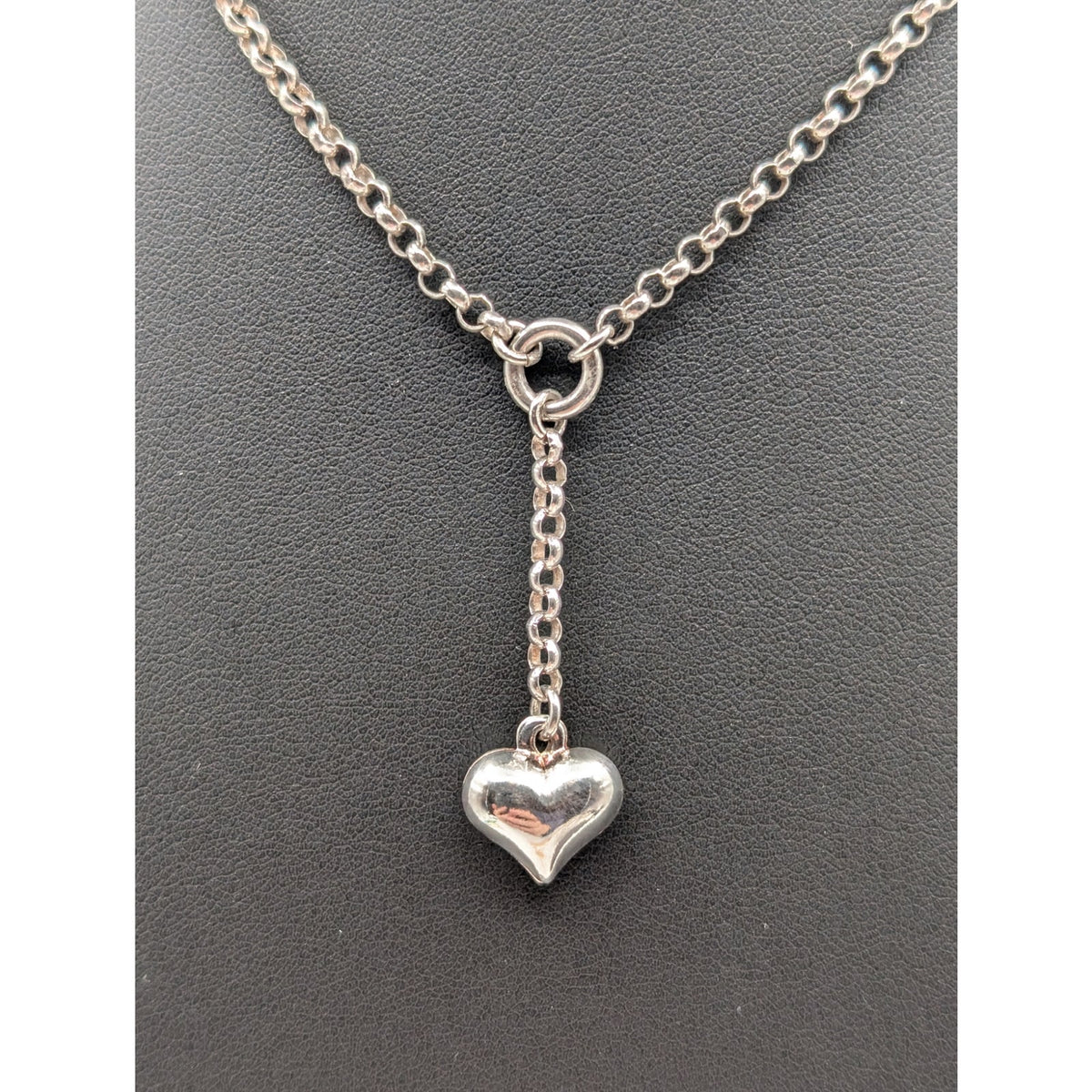925 Sterling Silver Y Drop Heart Dangle Rolo Link 15.5" Chain Necklace