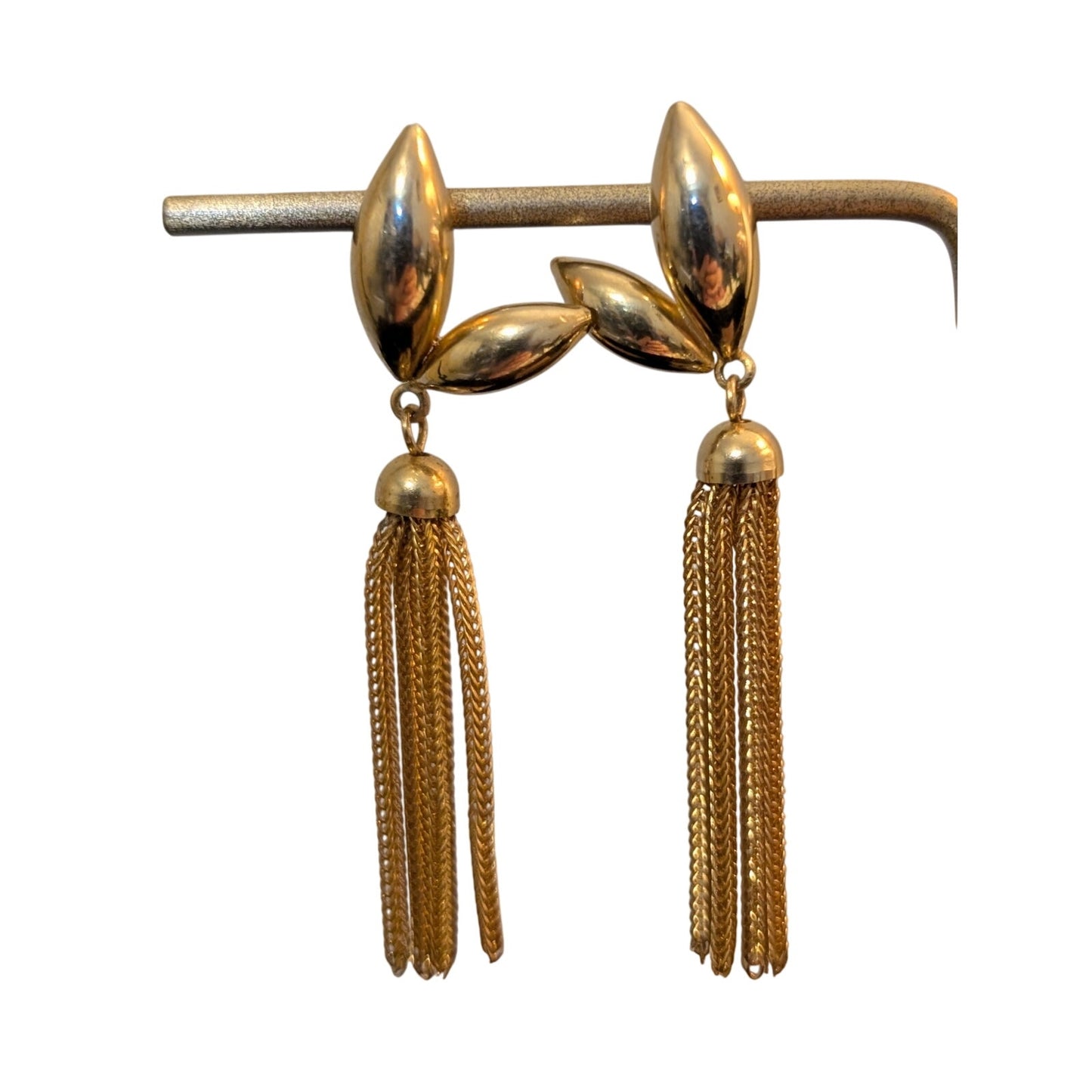 Vintage Gold Tone Leaf Multi-Chain Tassel Dangle Pierced Earrings