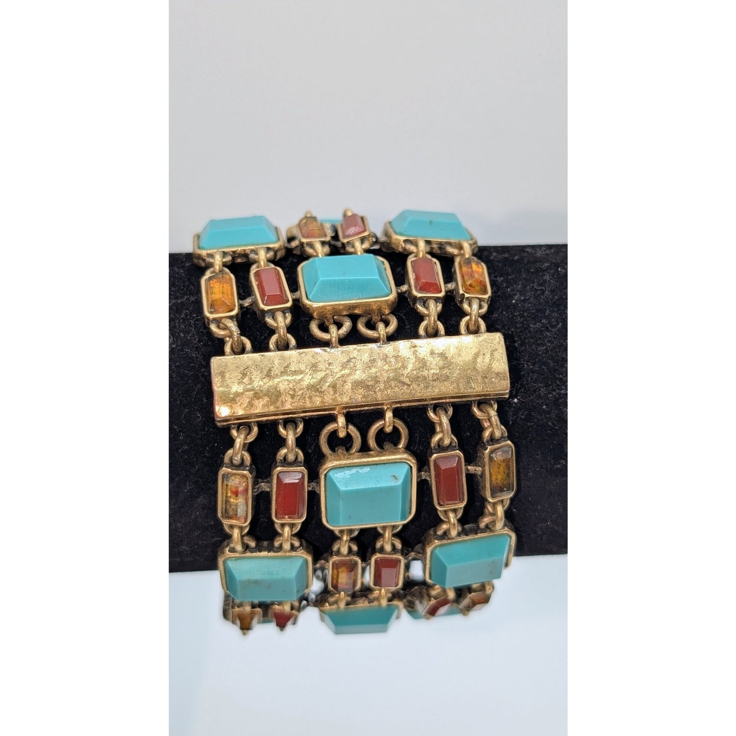 Lucky Brand Wide Magnetic Gold Tone Faux Turquoise Stone Multi-Strand Bracelet