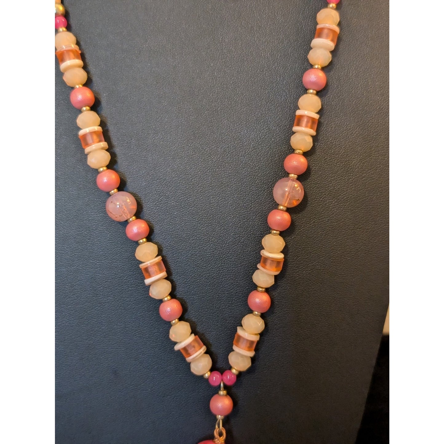 Pink Glass Bead Leather Cord Pink Satin Tassel Long Boho Necklace