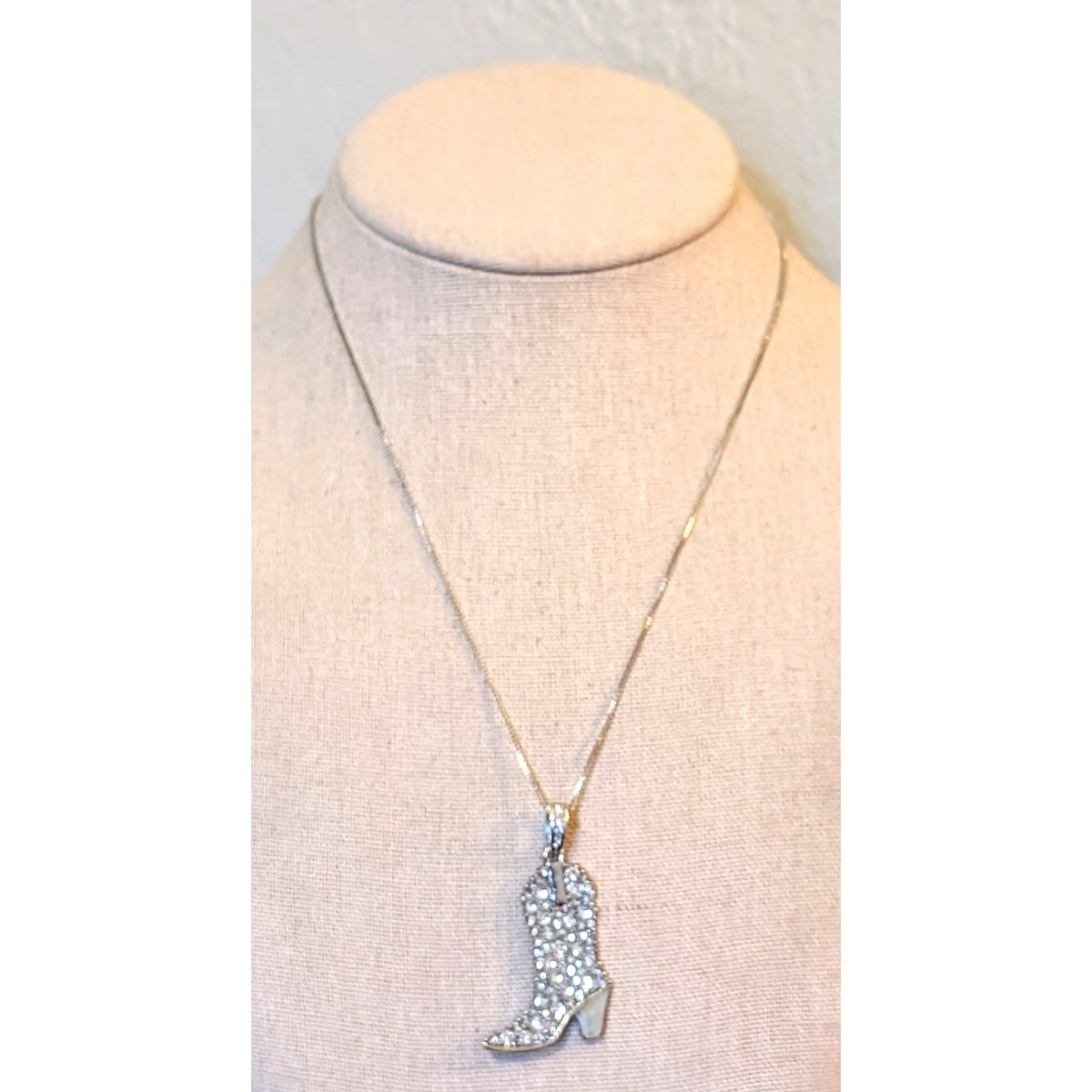 Silver Tone Rhinestone Country Western Cowgirl Boot Pendant Box Chain Necklace