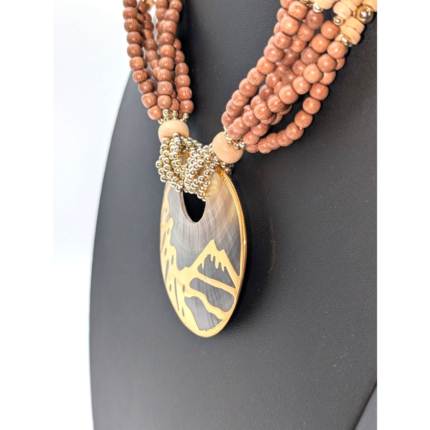 Seven Strand Wood Bead Gold Tone Shell Mountain Scene Disk Pendant 20" Necklace