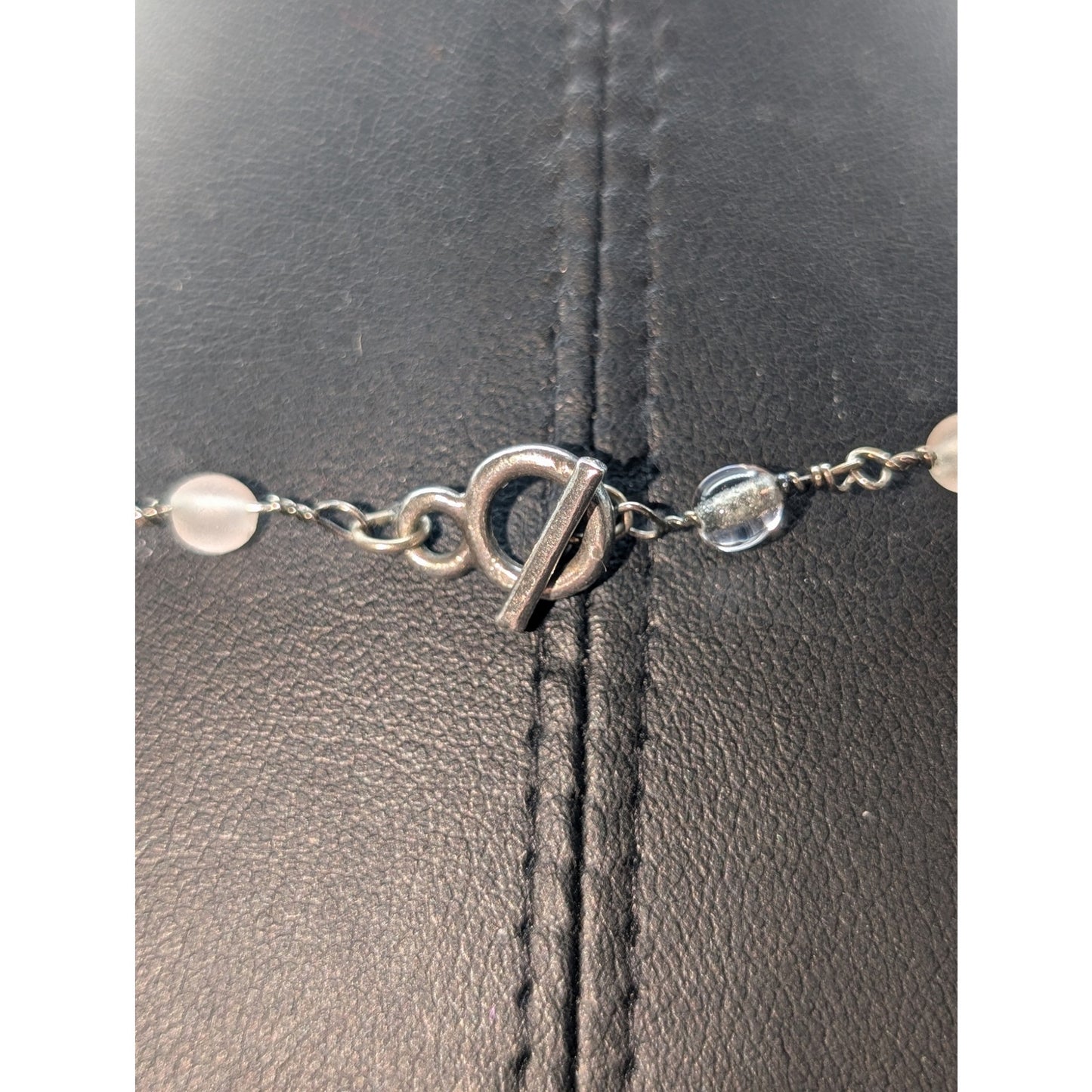 Vintage Silver Tone Glass Pearl Rosary Style Toggle Clasp Choker 16" Necklace
