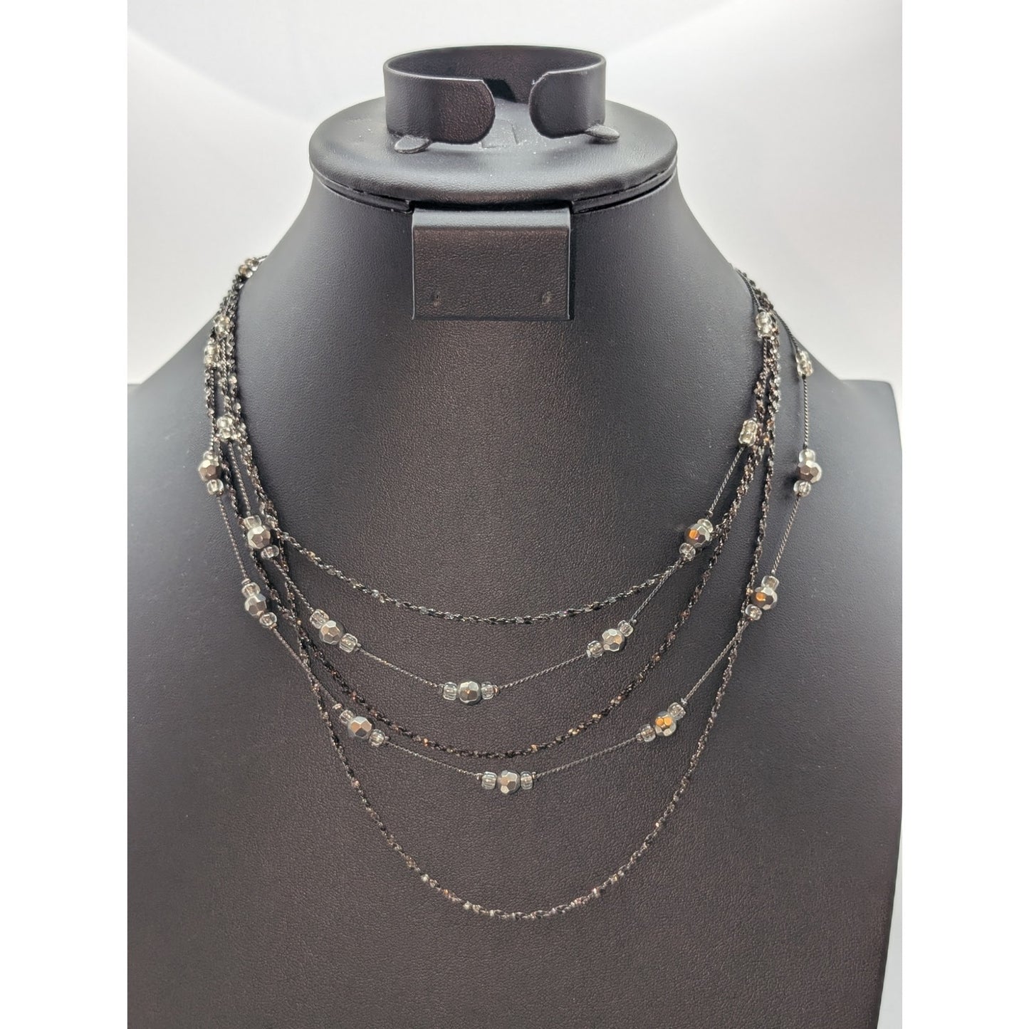 Gun Metal Metallic Clear Bead Five Multi-Strand Chain 15.75"-18" Necklace