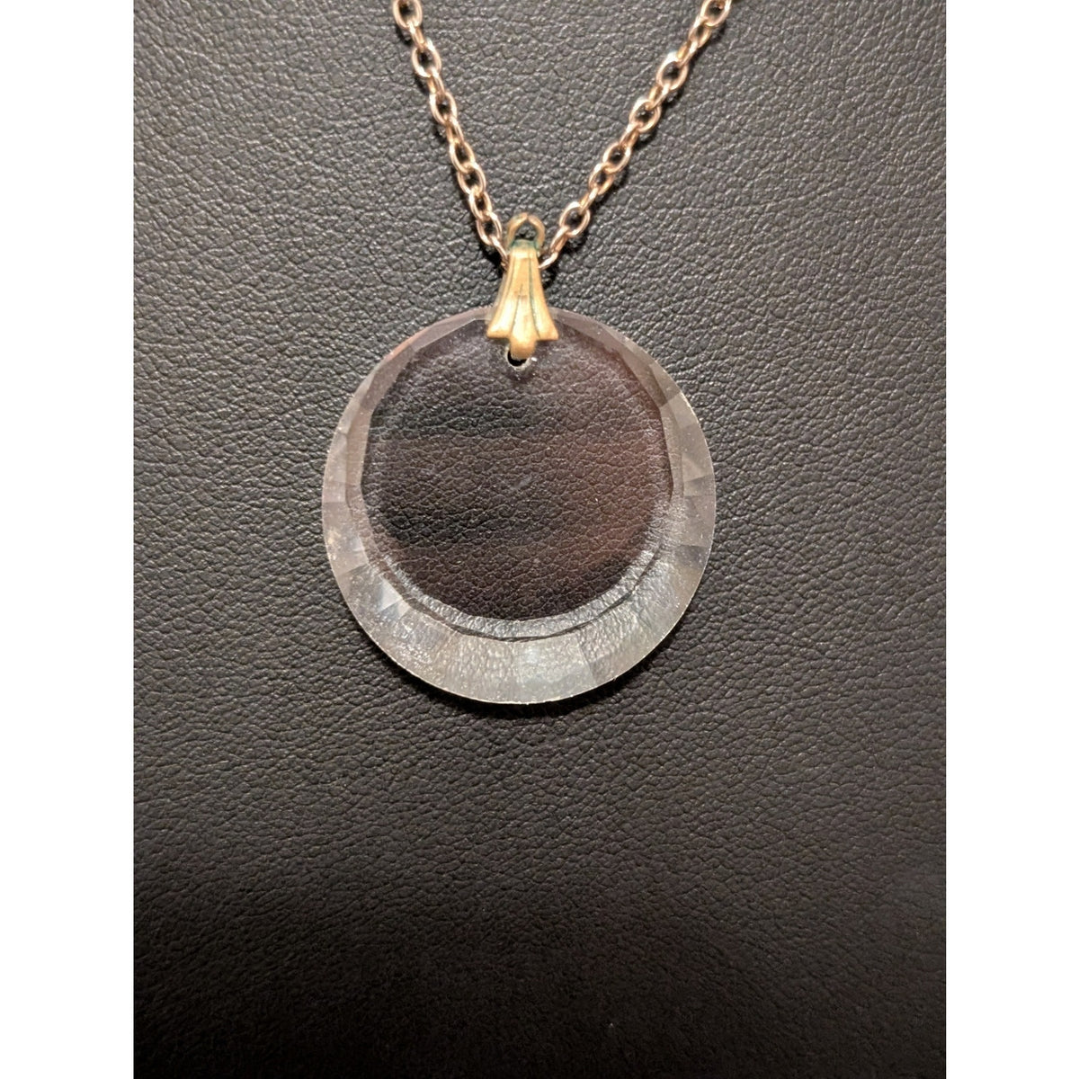 Vintage 18KGP Silver Beveled Edge Round Glass Pendant Chain 18" Necklace