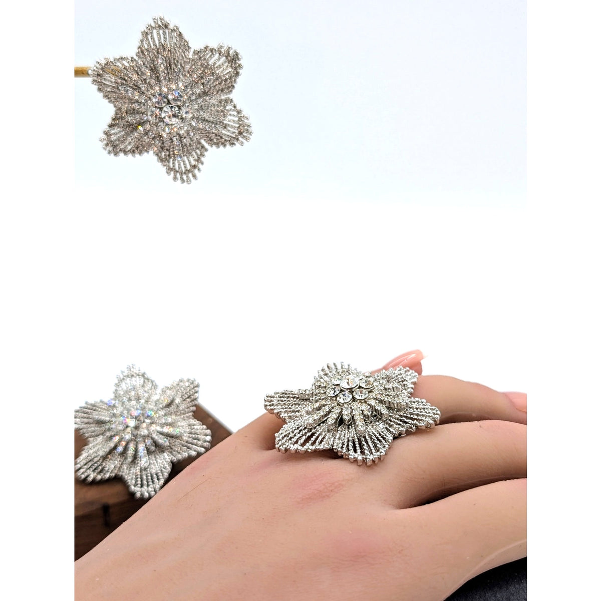 Sparkle Rhinestone Flower Silver Tone Stretch Ring & Matching Pierced Earrings