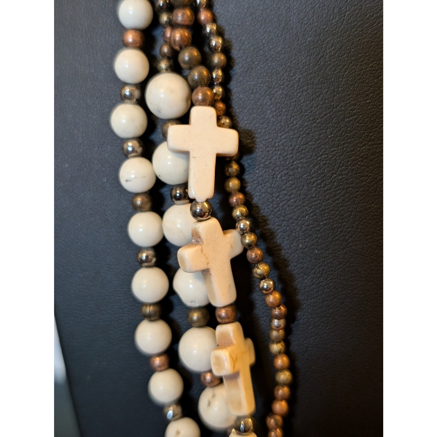 Long Boho Four-Strand Creamy Stone Cross & Bead Necklace