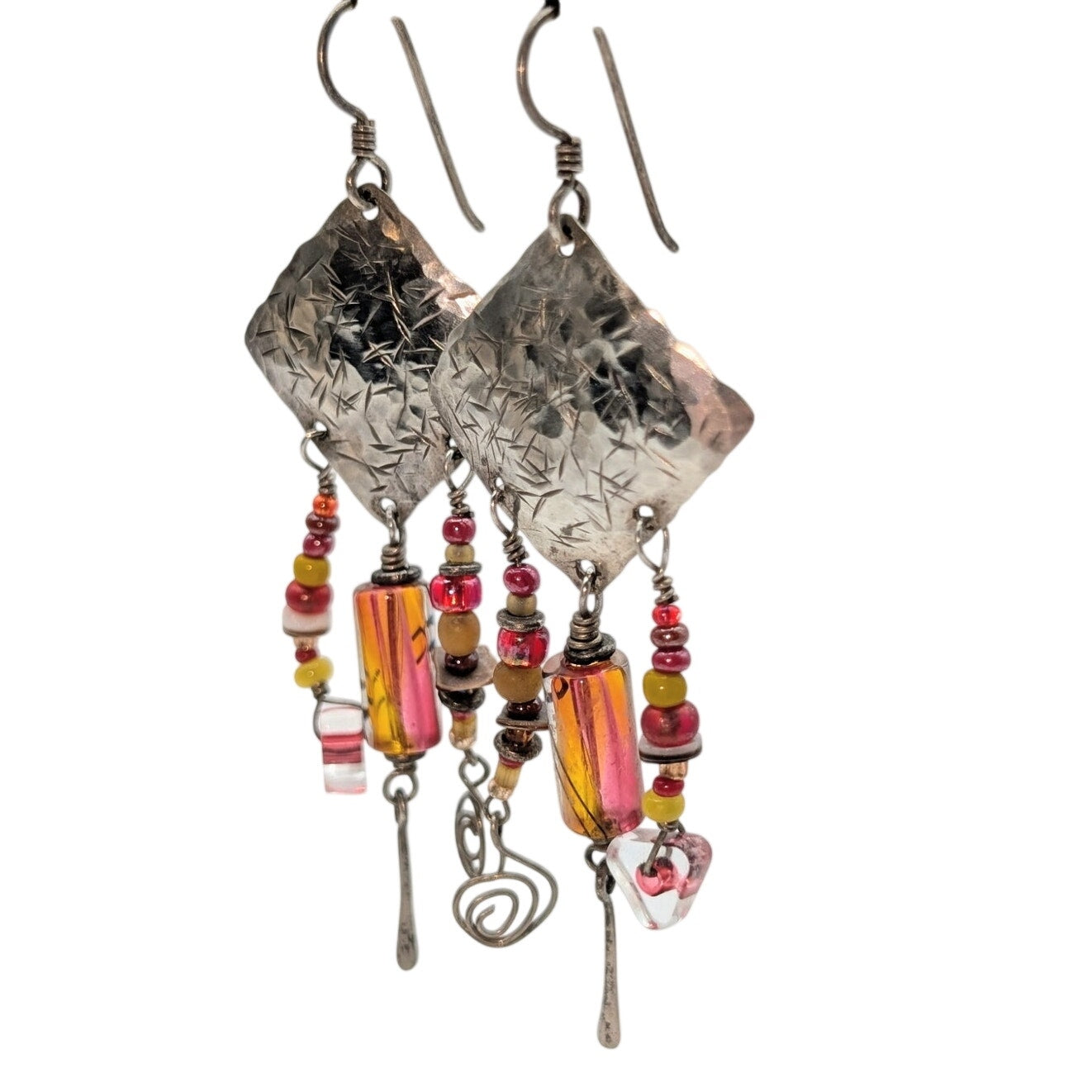 925 Sterling Silver Embossed Artisan Created Glass Bead Dangle Earrings