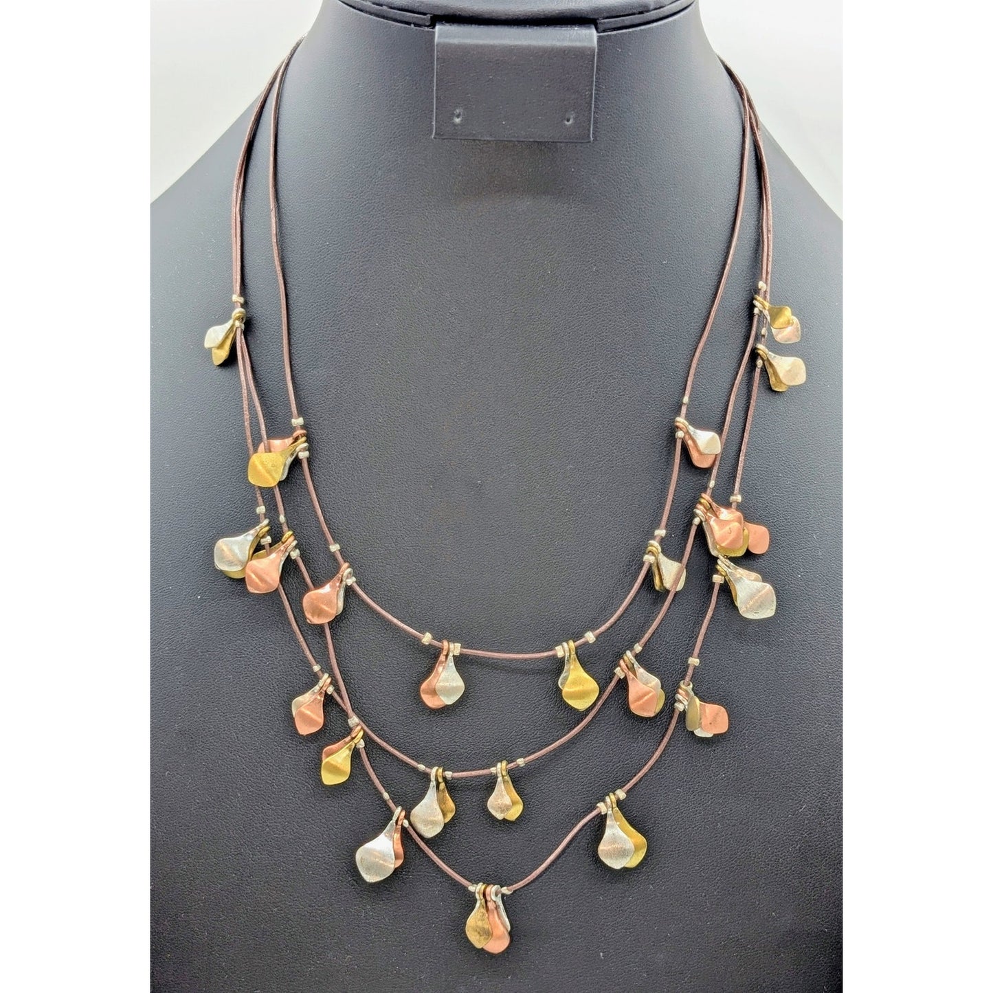 Brown Triple Corded Strand Tri-Color Metal Dangle 18"-20" Necklace