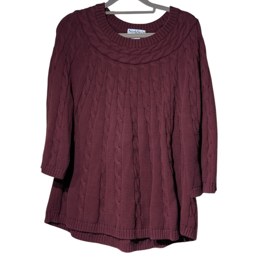 NorthStyle Burgundy Cable 100% Cotton 3/4 Bell Sleeve Sweater Women's Sz XL