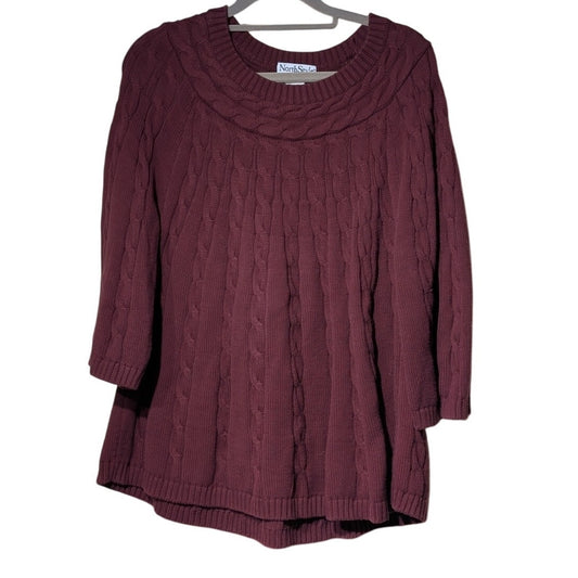 NorthStyle Burgundy Cable 100% Cotton 3/4 Bell Sleeve Sweater Women's Sz XL