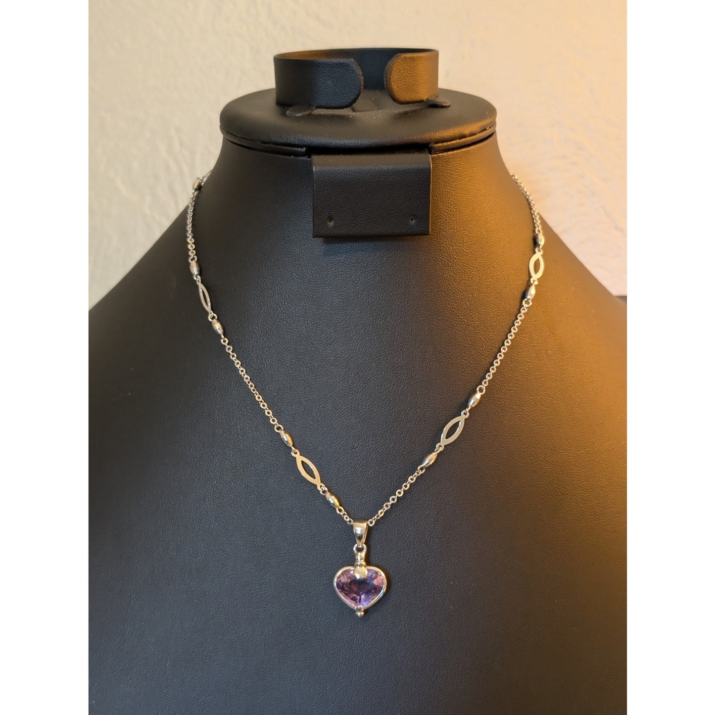 14Kt White Gold Amethyst Heart Pendant Fancy Chain 17" Necklace