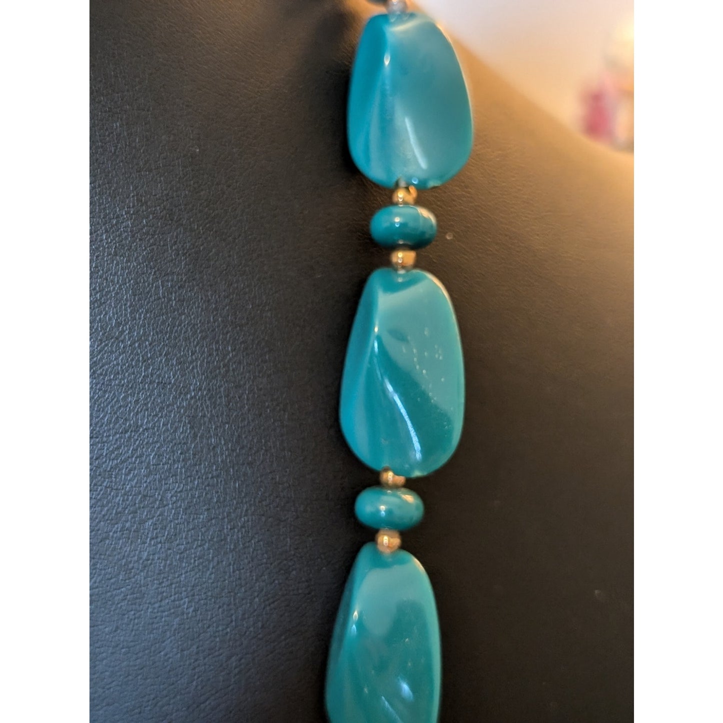 Vintage Teal Acrylic Bead Long Necklace W/ Fold Over Clasp