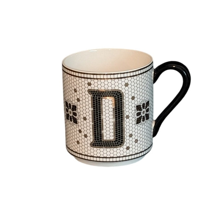 Anthropologie Bistro Tile Margot Coffee Mug Letter D Monogram White Black