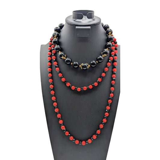 Lot of Two Vintage Black Gold Tone & Brick Color Beaded Necklaces