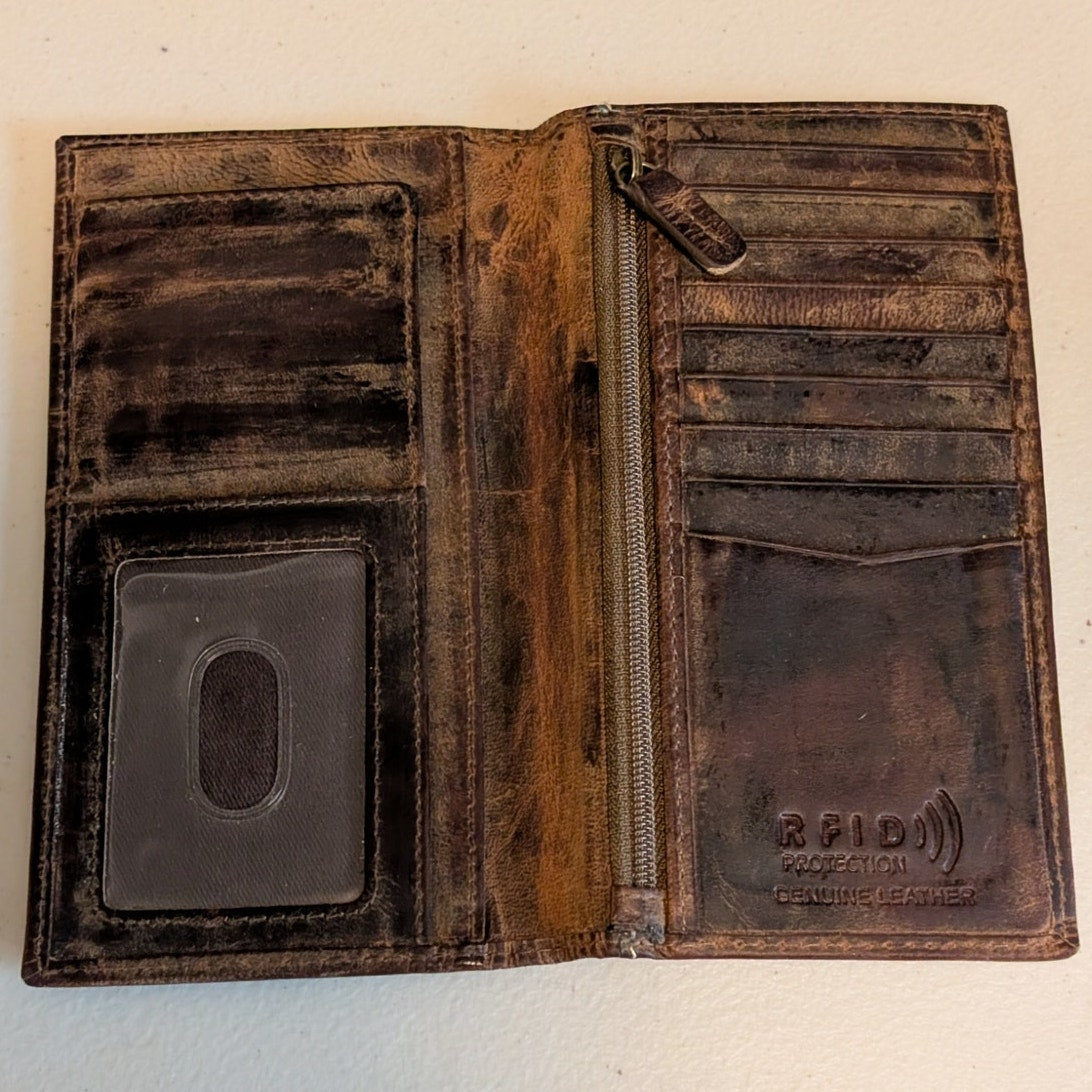 Guitar Embossed Distressed RFID Block Protection Brown Genuine Leather Wallet