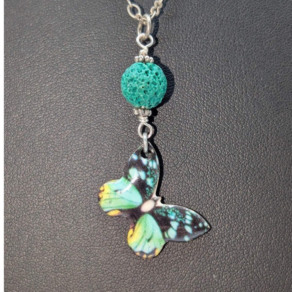 Silver Tone Teal Aromatherapy Butterfly Lava Stone 20" Necklace