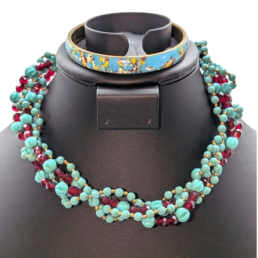 Vintage Faux Turquoise Carved & Red Crystal Torsade Hook Clasp Necklace