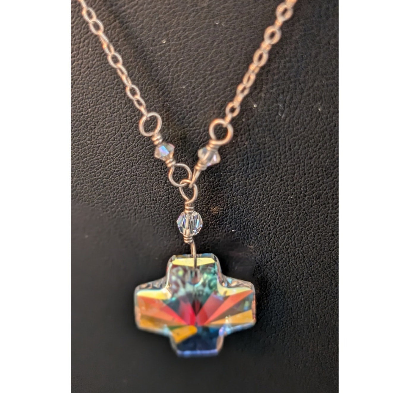 Crystal Prism Cross Pendant on Crystal Beaded 925 Sterling Chain