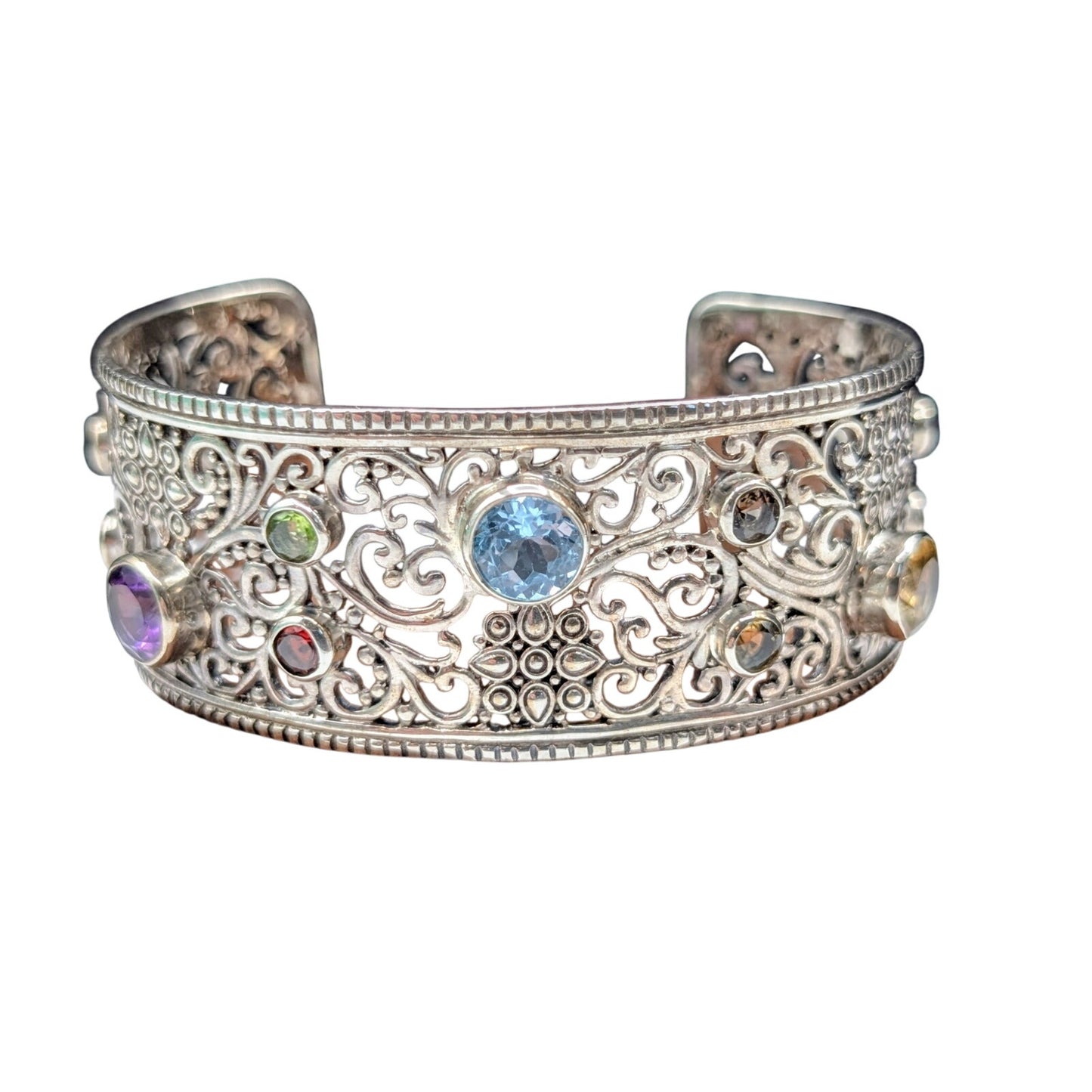Samuel Benham 925 Sterling Bezel Set Multi-Gemstone Scroll Cuff Bracelet 40.69g