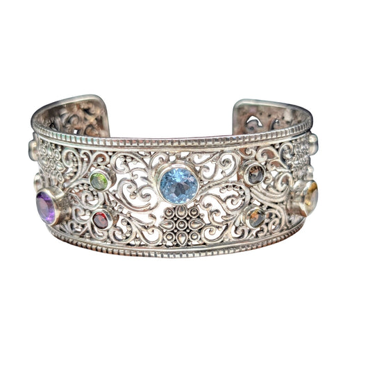 Samuel Benham 925 Sterling Bezel Set Multi-Gemstone Scroll Cuff Bracelet 40.69g