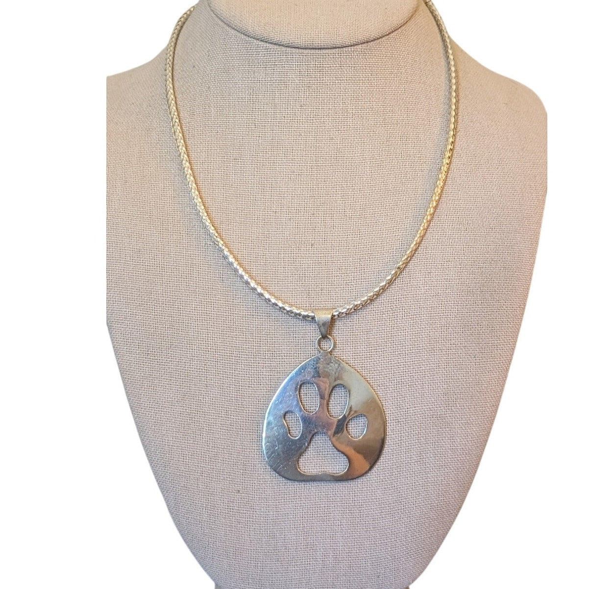 925 Sterling Paw Print Pendant on Woven 925 Silver Italy 16-18" Collar Necklace