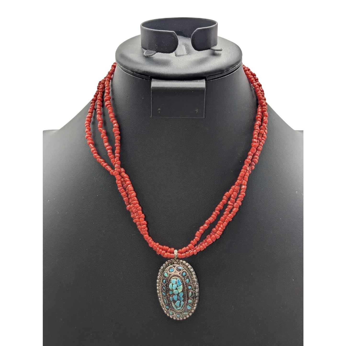 Vintage Red Glass Bead Signed ae Turquoise Chip Silver Tone Pendant Necklace