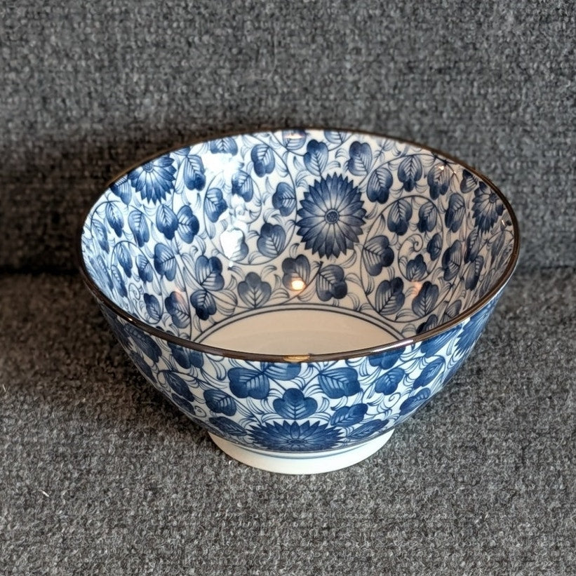 Japanese Blue Floral Bone China Ramen Noodle Soup Rice Bowl