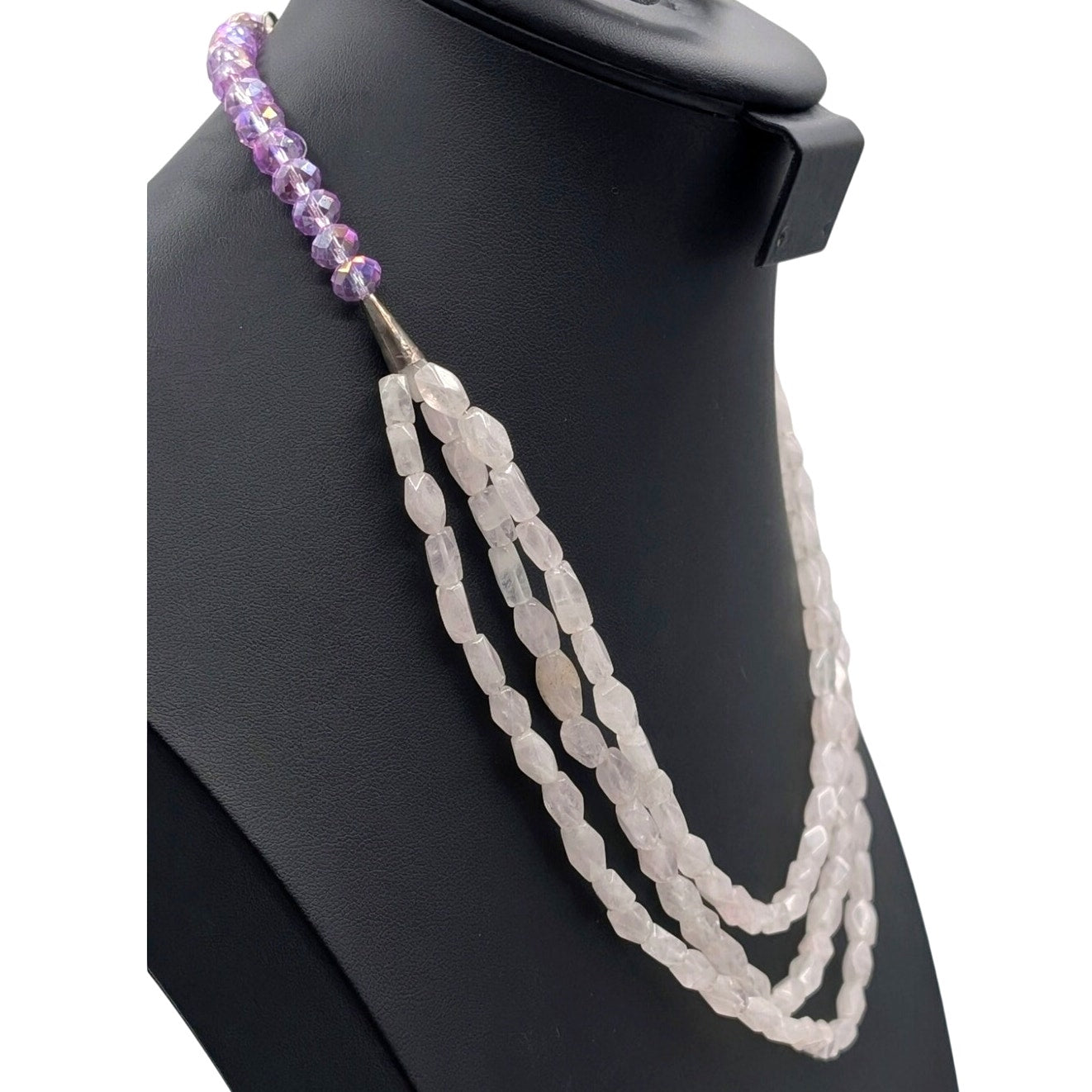 AB Lavender Crystal Pink Rose Quartz Stone 1 Strand to 3 Silver Tone Necklace