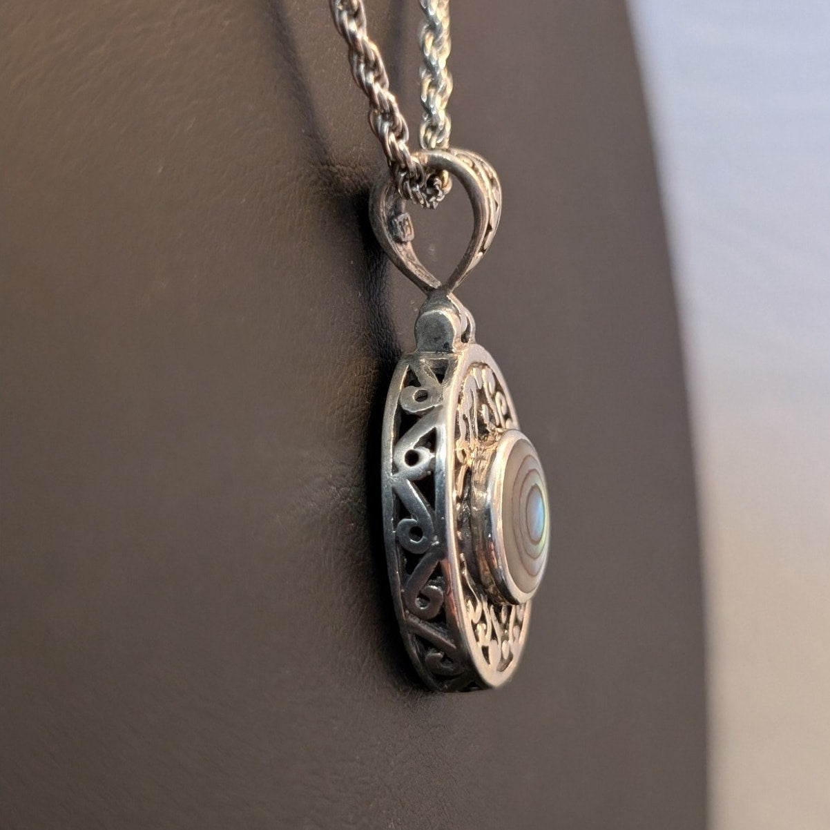 VTG 925 Sterling Silver Filigree Abalone Shell Pendant Rope 24" Chain Necklace