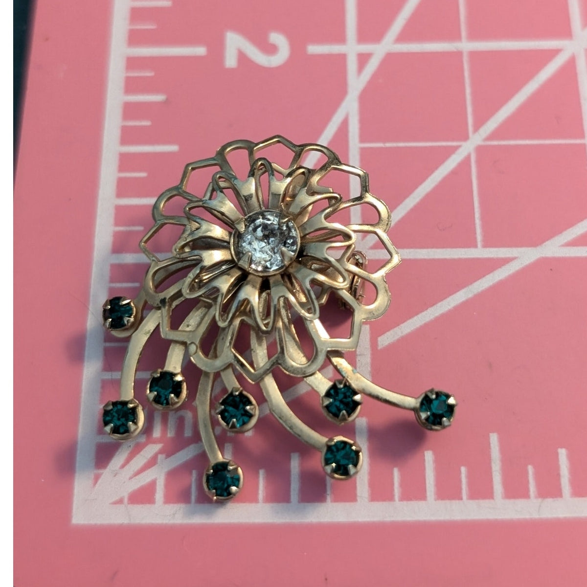 Vtg Gold Tone Blue/Clear Rhinestone Art Deco 1950s Flower Spray Brooch/Pendant