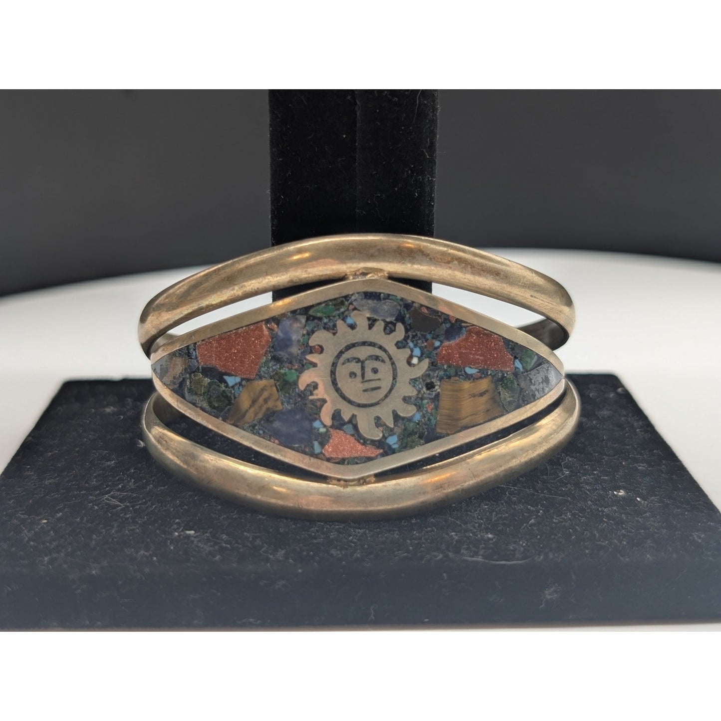 Vintage Mexico Brass Turquoise Tiger Eye Goldstone Inlay Sun Cuff Bracelet