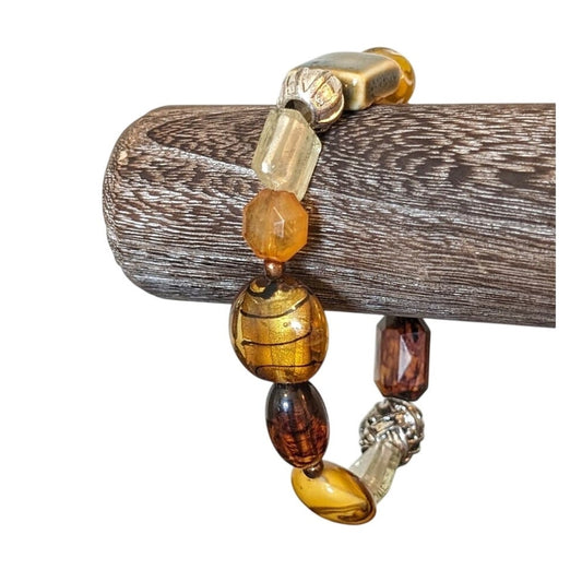 Murano Glass Ceramic Silver Bead Stretch Bracelet W/ MOP Elephant & Leaf Charms
