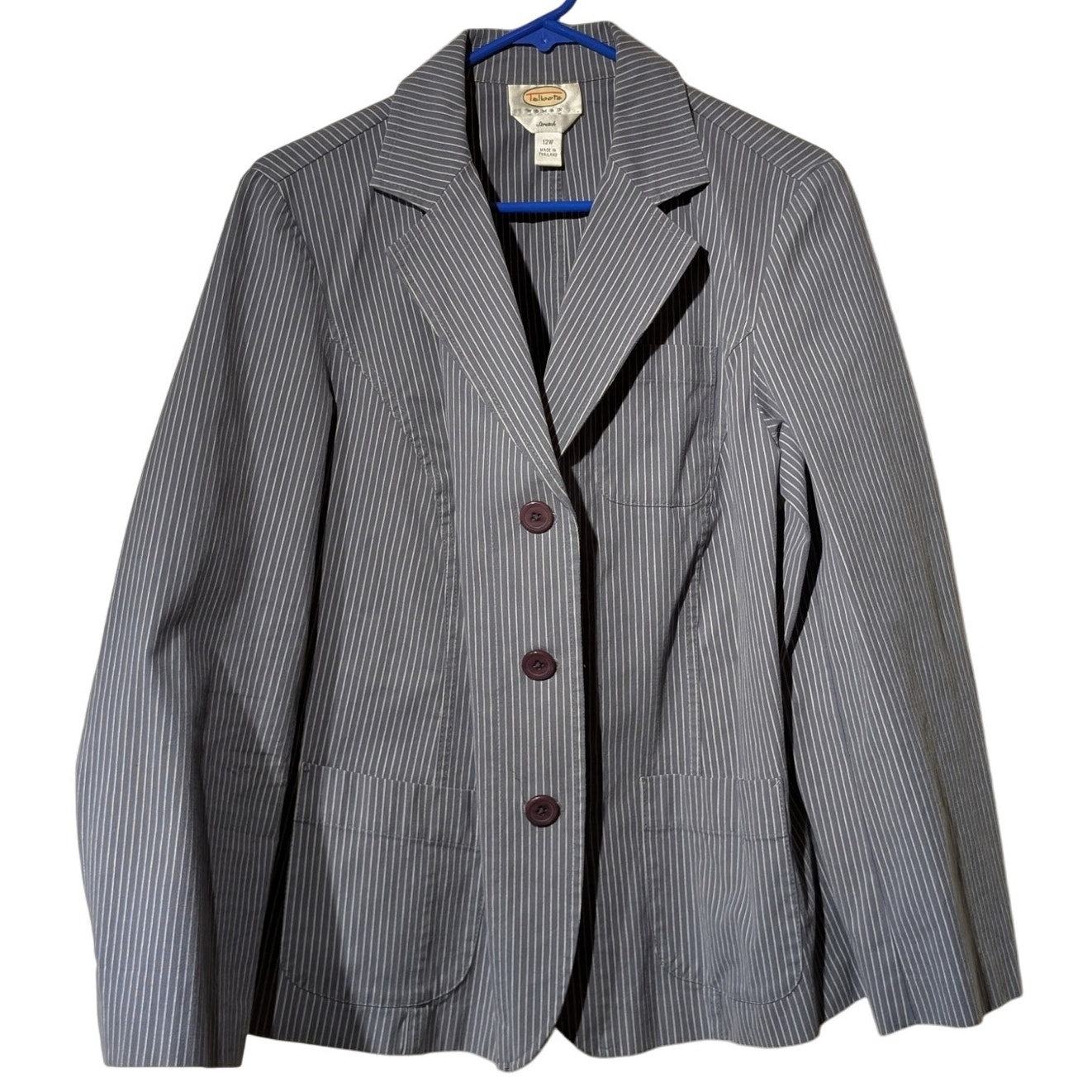 Talbot's 3 Button Gray/Blue Striped Cotton Stretch Blazer Womens Sz 12W (0X)