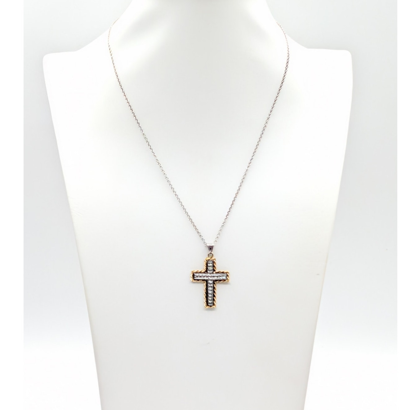 Peru 925 Sterling 1/3 10K Yellow Gold Two Tone Cross Pendant Chain 18" Necklace